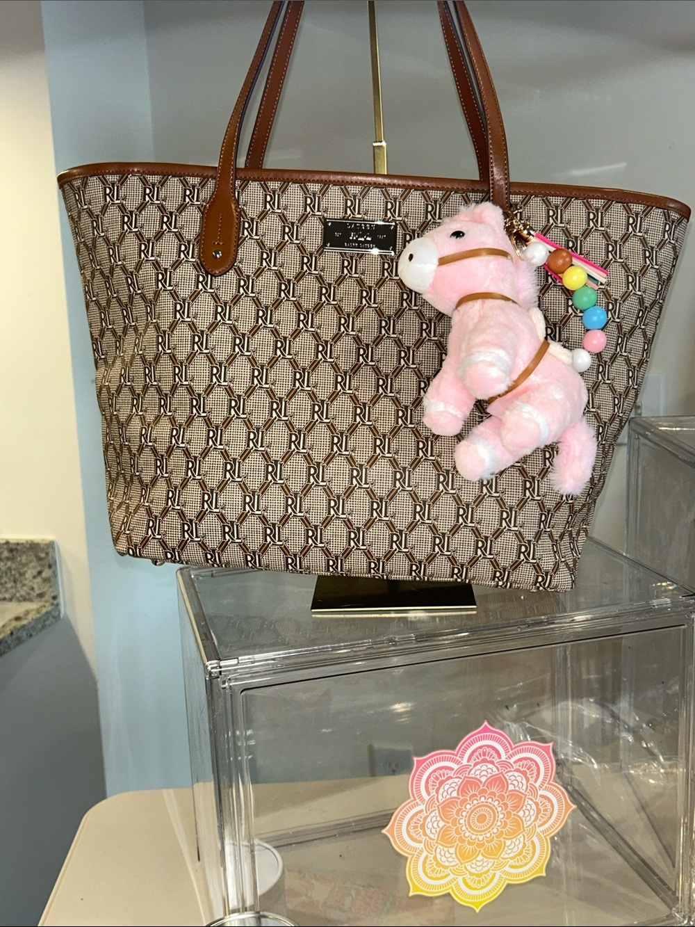 Ralph Lauren Brown Monogram Tote with Pink Plush Pony Charm 17.5”x 5”x 10.5” NWT